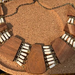 Chunky statement necklace. Wood, beads, gold accents